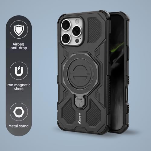 KARWAN Tough Shockproof Armor Back Case Cover Compatible with iPhone 16 Pro Max with 360 Degree Rotation Magnetic Attraction Ring, Holder Heavy Duty Cover with MagEaze Wireless Charging (Black) - Image 2