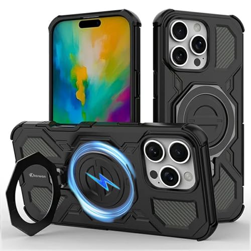 KARWAN Tough Shockproof Armor Back Case Cover Compatible with iPhone 16 Pro Max with 360 Degree Rotation Magnetic Attraction Ring, Holder Heavy Duty Cover with MagEaze Wireless Charging (Black) - Image 1