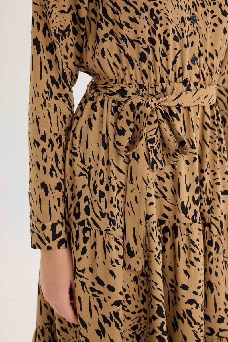 Woman Shirt Collar Leopard Patterned Belted Midi Dress
