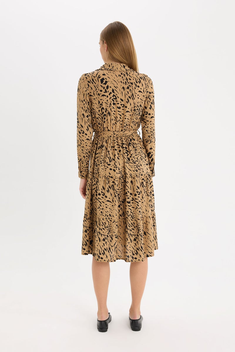 Woman Shirt Collar Leopard Patterned Belted Midi Dress