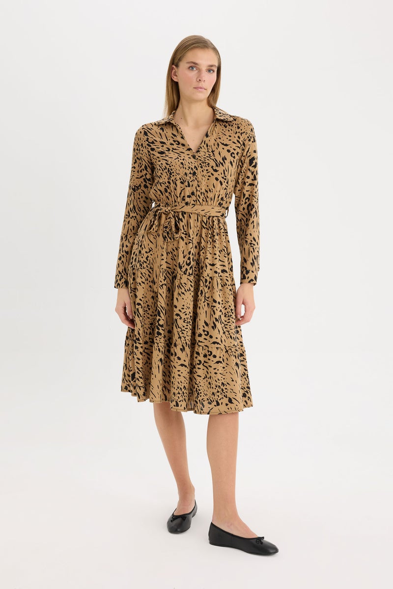 Woman Shirt Collar Leopard Patterned Belted Midi Dress