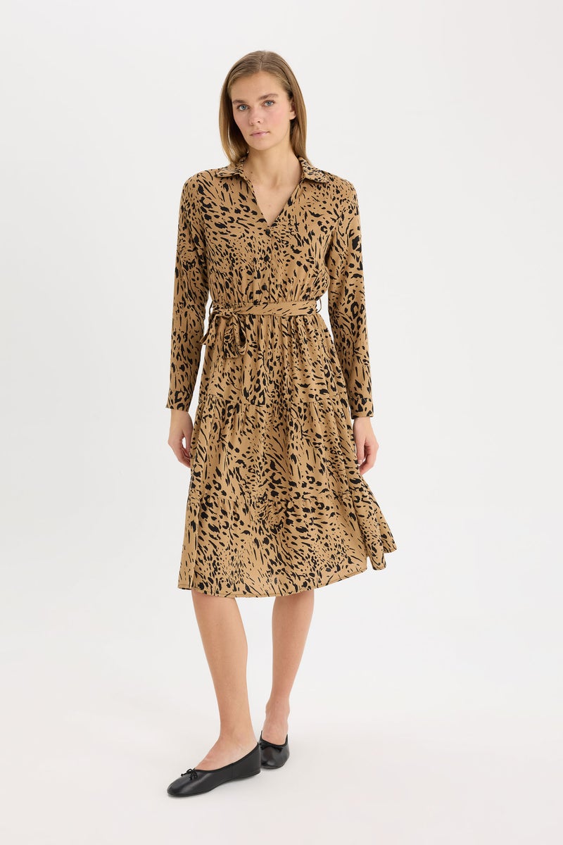 Woman Shirt Collar Leopard Patterned Belted Midi Dress