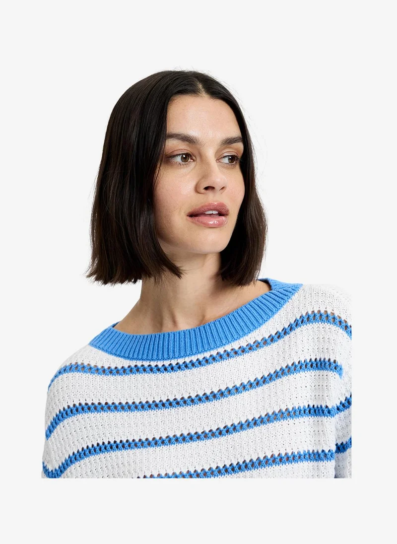 French Connection Women's Summer White-Blue Hy Teddy Knit Open Stripe Pullove