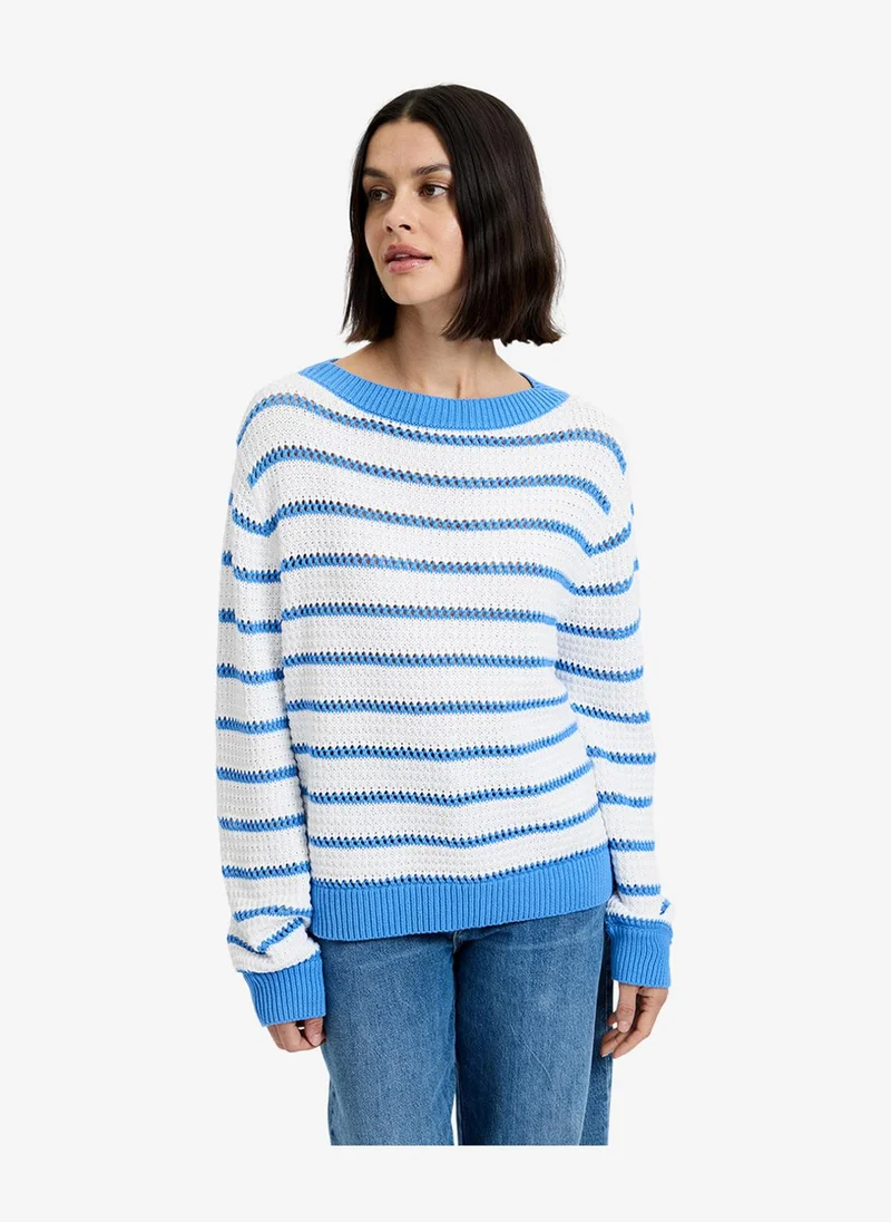 French Connection Women's Summer White-Blue Hy Teddy Knit Open Stripe Pullove