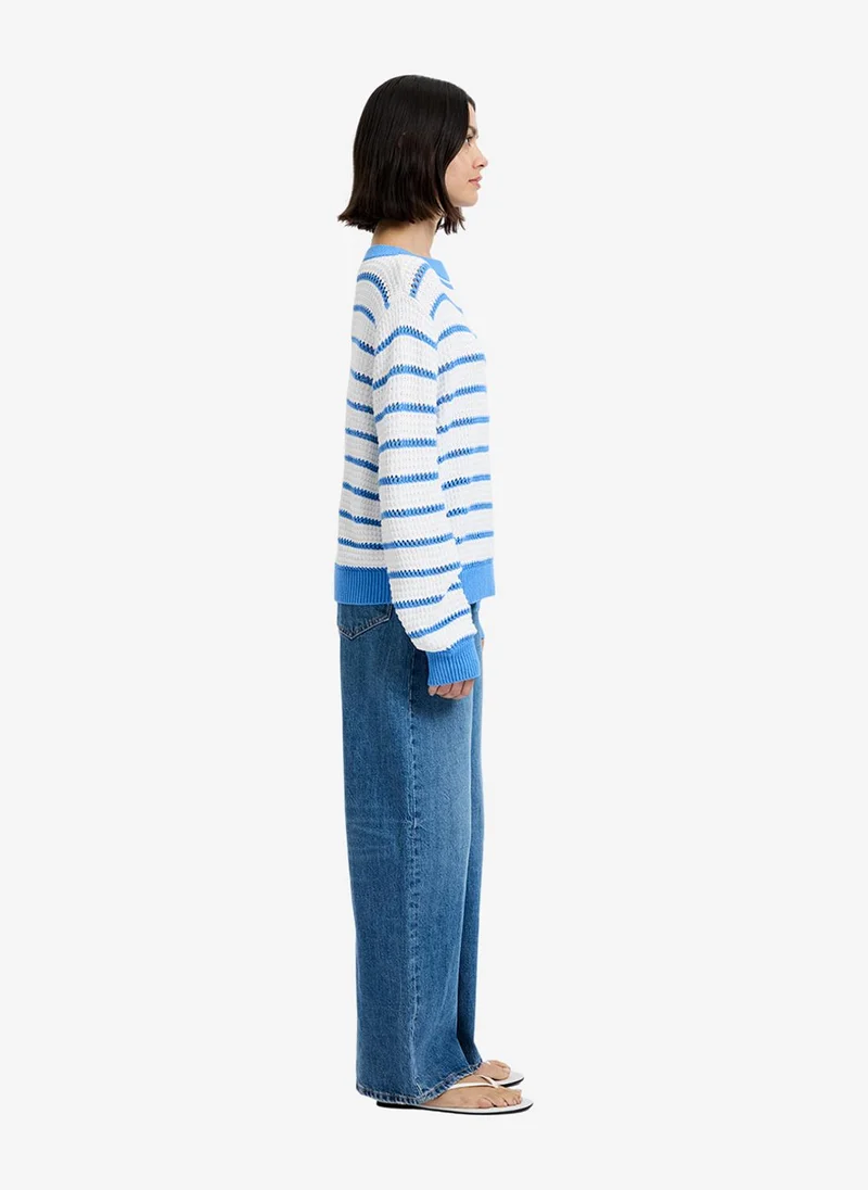 French Connection  Women's Summer White-Blue Hy Teddy Knit Open Stripe Pullove for Women | Best Price UAE