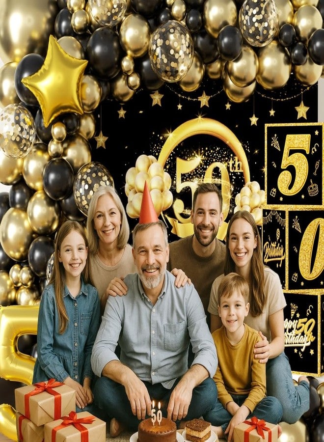 REZIPO 50th Birthday Party Decorations Set Black and Gold 50 Years Old Party Supplies for Men with Balloons Garland, Backdrop, Table Cloth, Foil Balloons and 50th Decorations Boxes - Image 2