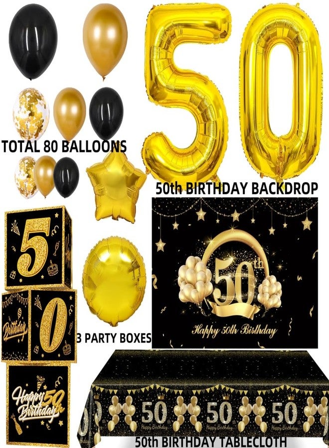 REZIPO 50th Birthday Party Decorations Set Black and Gold 50 Years Old Party Supplies for Men with Balloons Garland, Backdrop, Table Cloth, Foil Balloons and 50th Decorations Boxes - Image 5