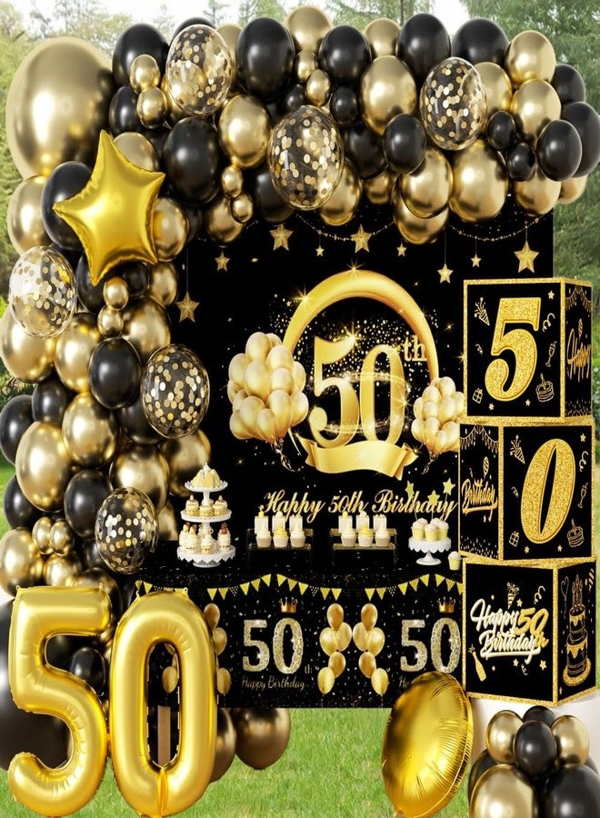 REZIPO 50th Birthday Party Decorations Set Black and Gold 50 Years Old Party Supplies for Men with Balloons Garland, Backdrop, Table Cloth, Foil Balloons and 50th Decorations Boxes - Image 4