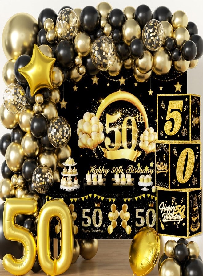 REZIPO 50th Birthday Party Decorations Set Black and Gold 50 Years Old Party Supplies for Men with Balloons Garland, Backdrop, Table Cloth, Foil Balloons and 50th Decorations Boxes - Image 1