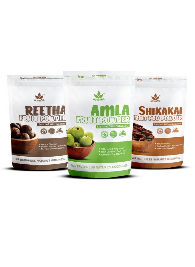 Havintha Natural Amla Reetha Shikakai Powder for Healthy Hair | Herbal Hair Care Combo | Hair Cleanser & Conditioner | Controls Hair Fall, Dandruff | All Hair Types - Each 100gm (Combo Pack of 3) - Image 1