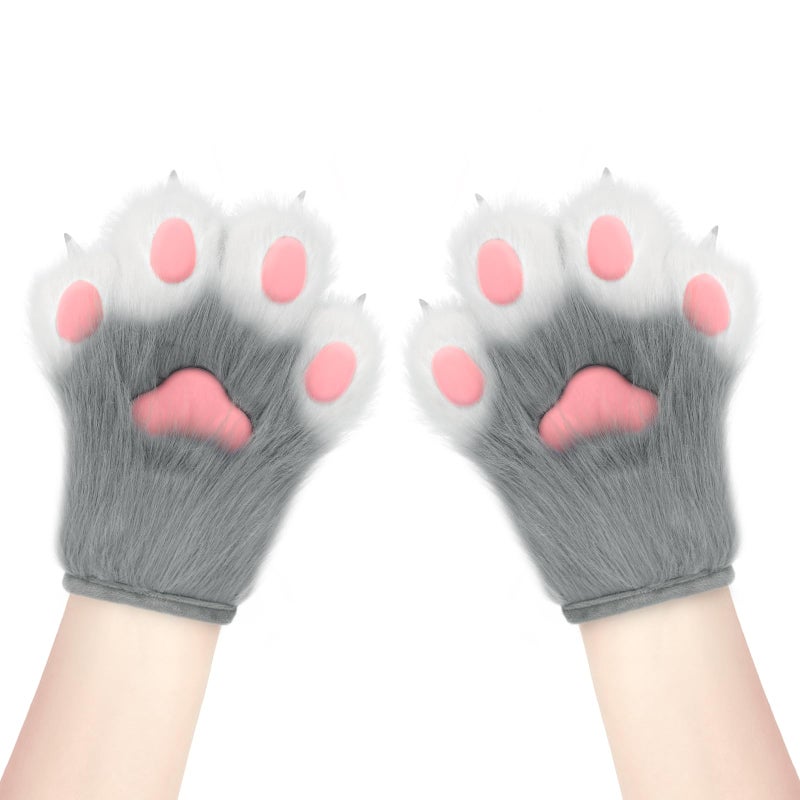 hbbhml Faux Fur Plush Furry Cat Claw Gloves Fursuit Animal Fox Paws Mittens Halloween Cosplay Costume Accessories for Adult - Image 2