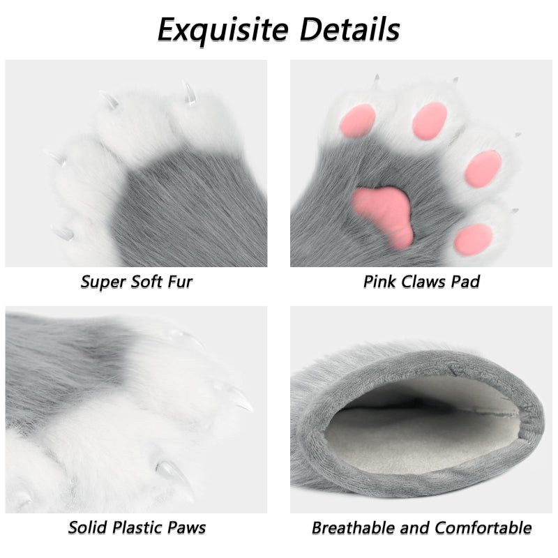 hbbhml Faux Fur Plush Furry Cat Claw Gloves Fursuit Animal Fox Paws Mittens Halloween Cosplay Costume Accessories for Adult - Image 5