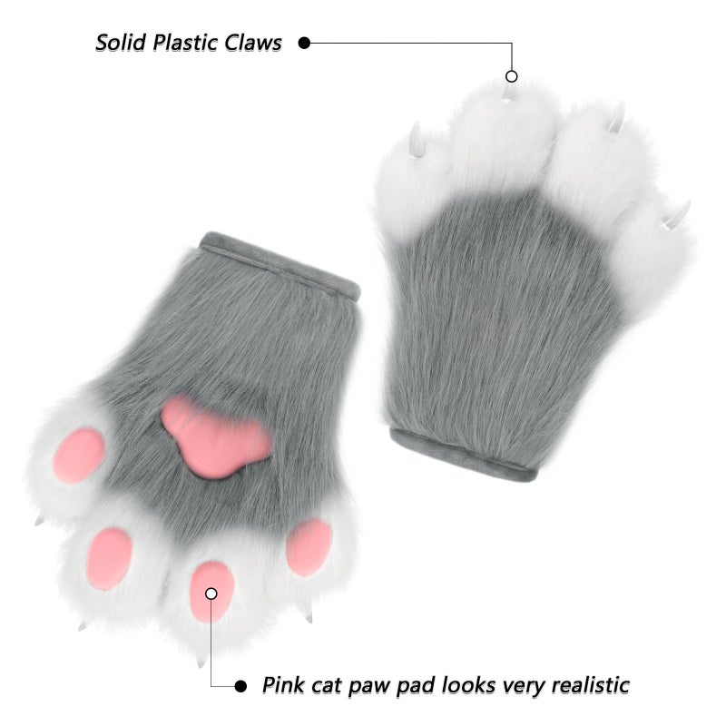 hbbhml Faux Fur Plush Furry Cat Claw Gloves Fursuit Animal Fox Paws Mittens Halloween Cosplay Costume Accessories for Adult - Image 4