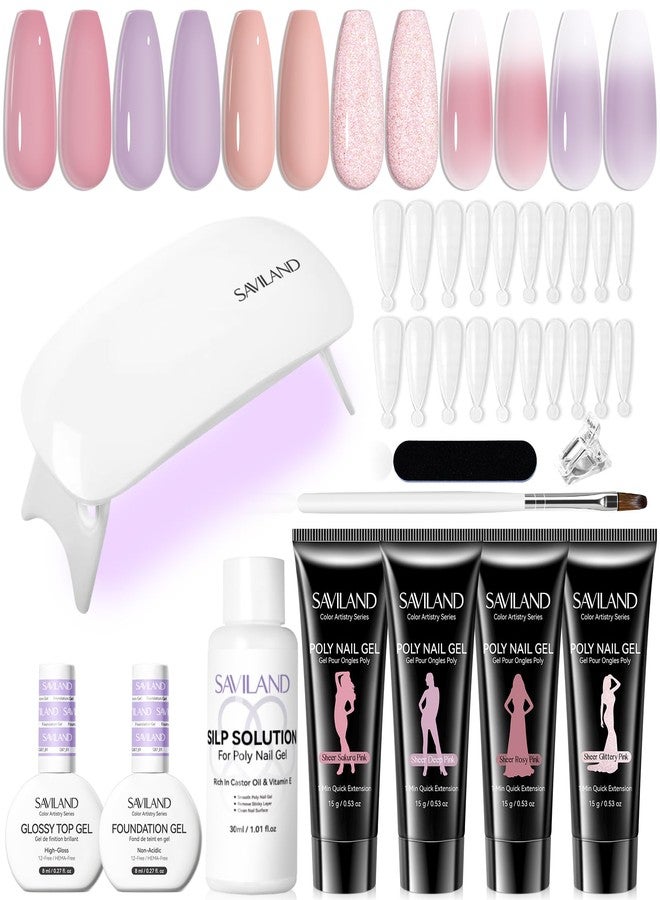 SAVILAND Poly Gel Nail Kit for Starter: 4 Poly Gel Nail Colors 28 Day Long Wear Ultra-Hard with Slip Solution, Fast & Easy Extension Nail Kit with Nail Lamp All-in-1 for Beginner DIY Art Home Salon - Image 1