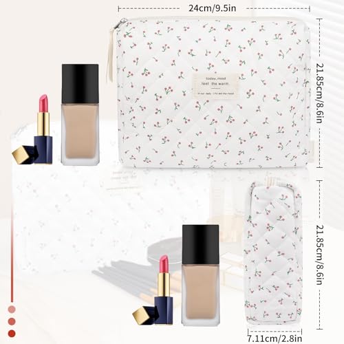 Gosect Floral Makeup Bag Small Cosmetic Bag for Women Girls Cute Cotton Makeup Bag Quilted Makeup Bags Flower Travel Toiletry Organizer BagWhite Cherry - Image 3