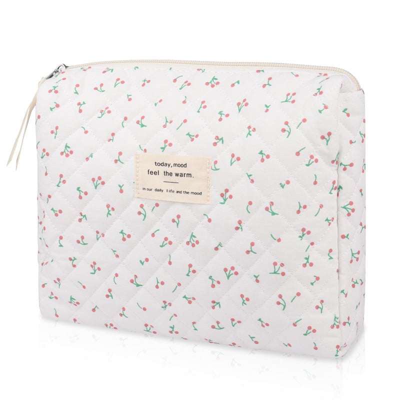 Gosect Floral Makeup Bag Small Cosmetic Bag for Women Girls Cute Cotton Makeup Bag Quilted Makeup Bags Flower Travel Toiletry Organizer BagWhite Cherry - Image 2