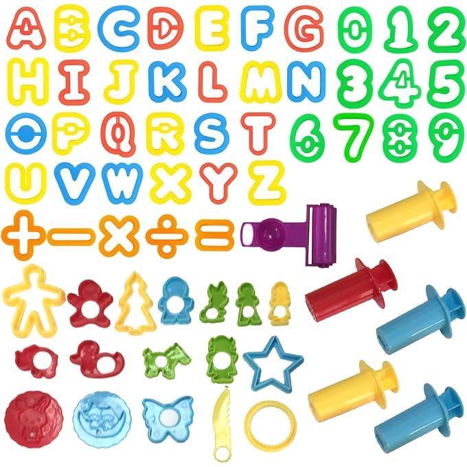 DOITEM Wartoon Clay and Dough Tools with Models and Molds, Play Dough Accessories Plastic Dough Rollers Molds Assorted Color, 56 PCS - Image 1