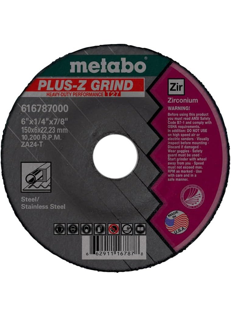 Metabo Metabo 7inch PlusZ Grinding Wheel  Type 27  7 x 14 x 5811  ZA24T  Zirconia Alumina  Super Performance  Improved Performance in Steel Stainless Steel  655788000 