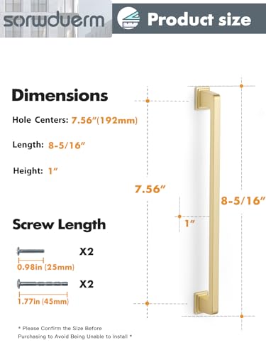 SORWDUERM 5 Pack Brushed Gold Cabinet Pulls Square 756192mm Hole Center Cabinet Handles Drawer Pulls Cupboard Kitchen Hardware - Image 3