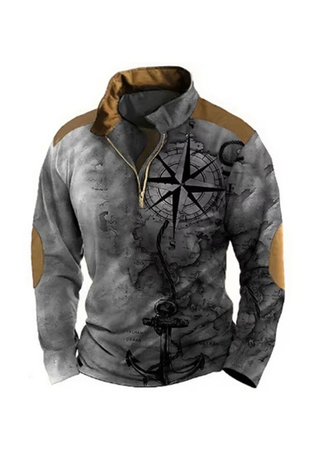 NIBEMINENT Men's Loose-Fit 3D Digital Print Retro Nautical Semi-Zip Long Sleeve Streetwear Stand Collar Pullover - Image 1