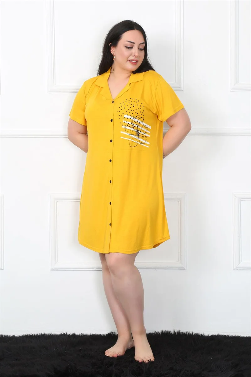 Akbeniz Large Size Combed Cotton Buttoned Yellow Tunic Nightgown 1025