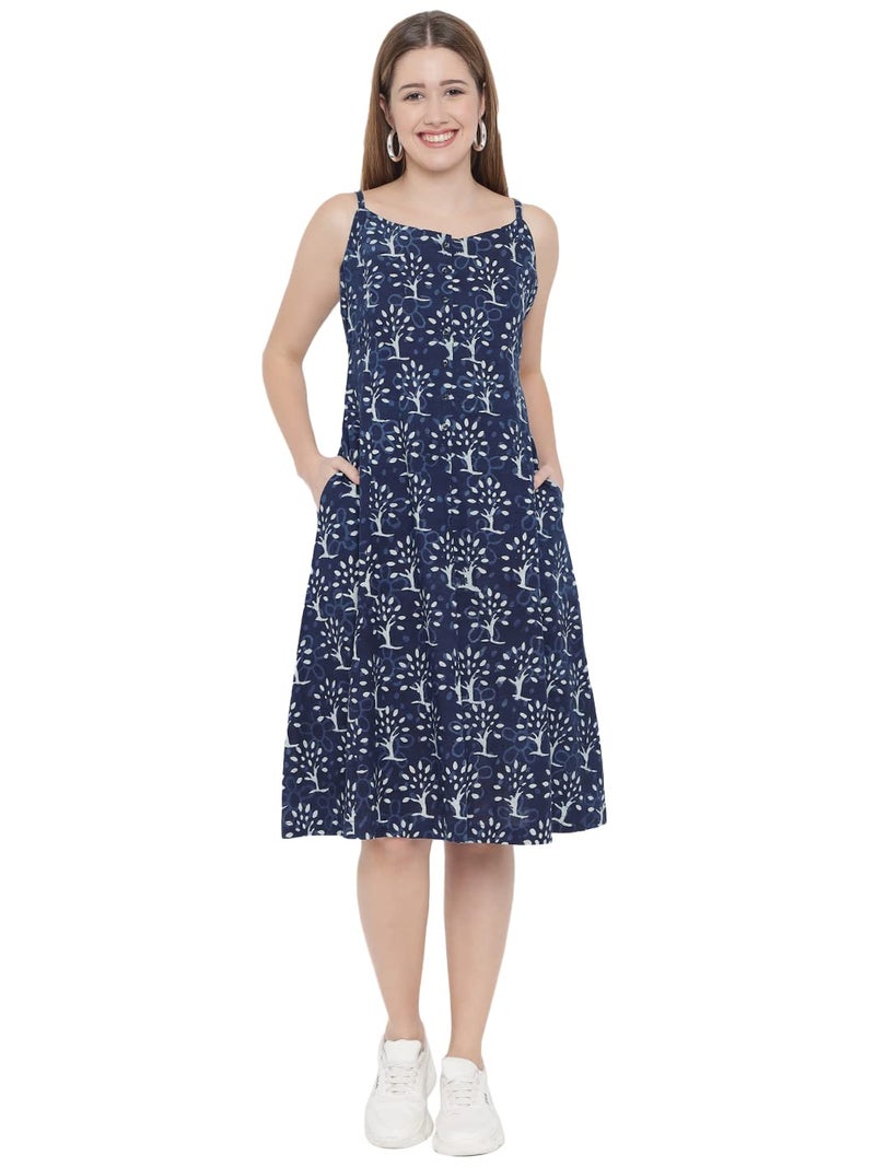 Indietoga Women's Plus Size Printed Sustainable Pure Cotton A-Line Midi Dress (10001298_Blue Indigo Hand Block_5Xl) - Image 1