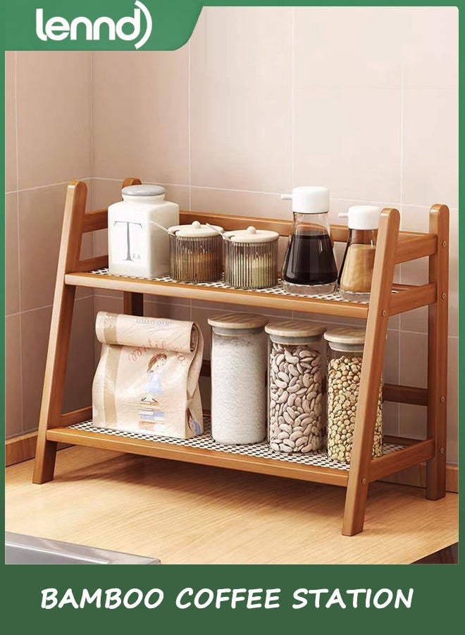 LENND Wicker-Look Coffee Station Organizer, Bamboo Mug Holder Countertop, Kitchen Counter Shelf for Tea Coffee Bar Accessories, Matcha Stand, Cup Display, Condiment Storage Rack, 2 Tier, Brown - Image 4