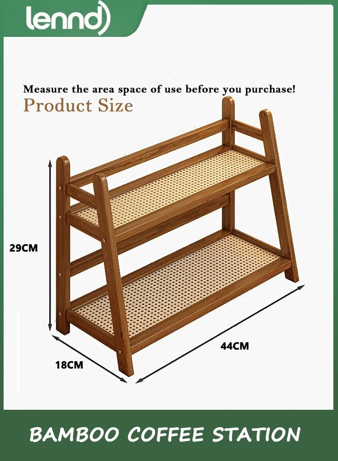 LENND Wicker-Look Coffee Station Organizer, Bamboo Mug Holder Countertop, Kitchen Counter Shelf for Tea Coffee Bar Accessories, Matcha Stand, Cup Display, Condiment Storage Rack, 2 Tier, Brown - Image 3