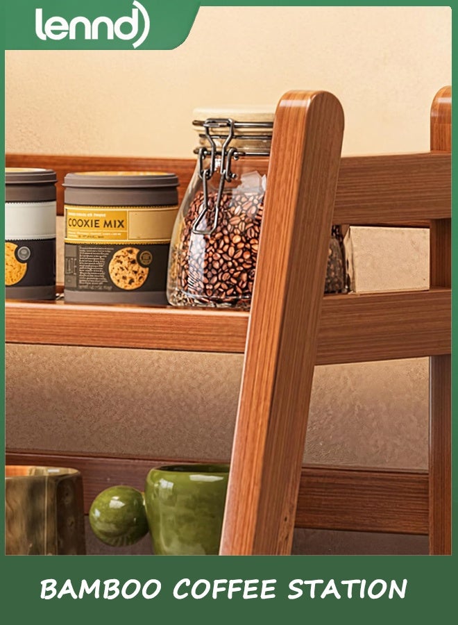 LENND Wicker-Look Coffee Station Organizer, Bamboo Mug Holder Countertop, Kitchen Counter Shelf for Tea Coffee Bar Accessories, Matcha Stand, Cup Display, Condiment Storage Rack, 2 Tier, Brown - Image 5