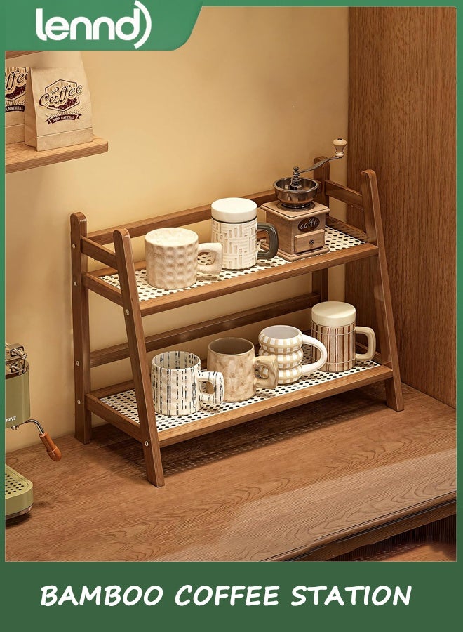 LENND Wicker-Look Coffee Station Organizer, Bamboo Mug Holder Countertop, Kitchen Counter Shelf for Tea Coffee Bar Accessories, Matcha Stand, Cup Display, Condiment Storage Rack, 2 Tier, Brown - Image 2