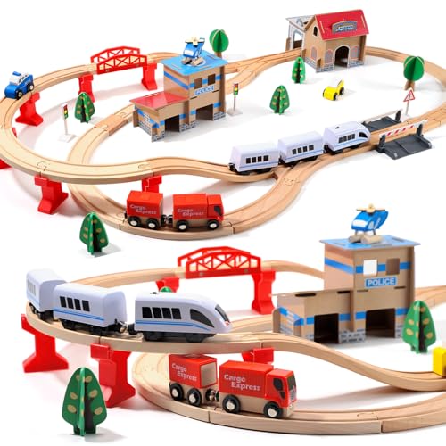 HOLYFUN Electric Toddler Wooden Train Set Toy 88 PCS Train Track Toys for 3 4 5 Years Old Kids Boys and Girls - Image 1
