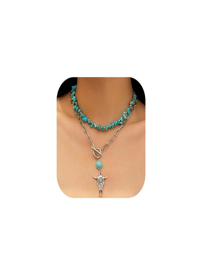 CSIYANJRY99 Layered Western Necklaces for Women Vintage Turquoise Beaded Western Jewelry for Women Ox-head Cactus Cross Chain Necklaces Country Concert Cowgirl Dresses Accessories (05) - Image 1