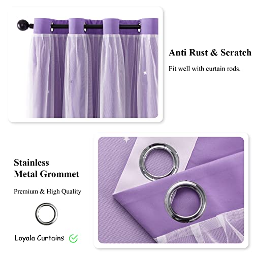 Loyala Stars Double Layer Blackout Curtains for Bedroom Kids, 96 Inches Long 2 Panels Set, Purple - Image 5