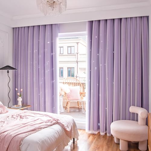 Loyala Stars Double Layer Blackout Curtains for Bedroom Kids, 96 Inches Long 2 Panels Set, Purple - Image 3