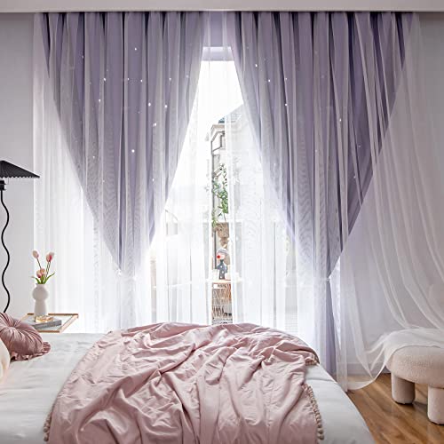 Loyala Stars Double Layer Blackout Curtains for Bedroom Kids, 96 Inches Long 2 Panels Set, Purple - Image 2