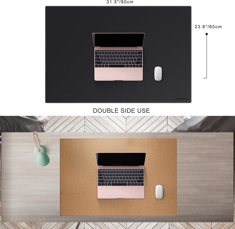 MAIDERN مايدرن حصيرة ��كتب جلدية، 80 × 60 سم حصيرة مكتب كبيرة قابلة للعكس، حصيرة ماوس كبيرة من الفلين والجلد للمكتب، حصيرة مكتب كمبيوتر مقاومة للماء للألعاب والمكتب المنزلي (أسود) - Image 2