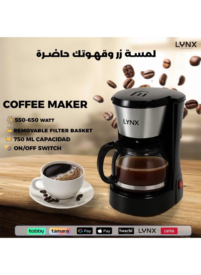 lynx 6-Cup Electric Coffee Maker with Sleek Modern Design, 750mL Capacity, Removable Filter Basket, 2-Year Warranty, Easy to Use & Clean – LYNX– Ly-8201  - Image 4