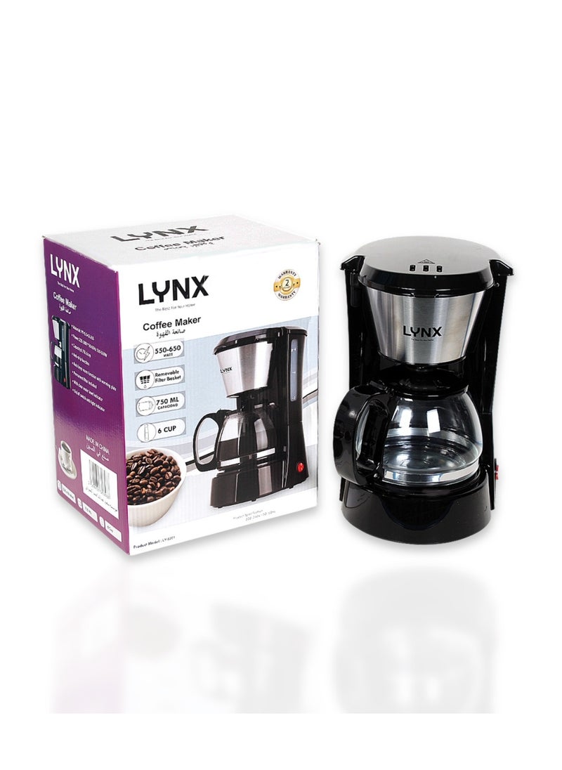 lynx 6-Cup Electric Coffee Maker with Sleek Modern Design, 750mL Capacity, Removable Filter Basket, 2-Year Warranty, Easy to Use & Clean – LYNX– Ly-8201  - Image 2