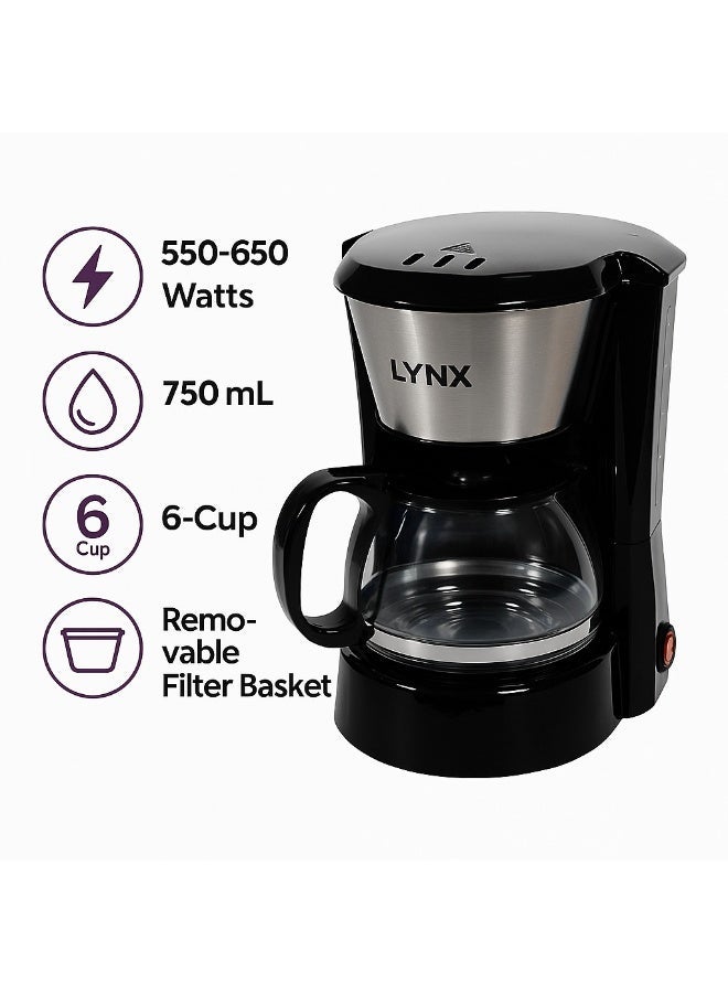 lynx 6-Cup Electric Coffee Maker with Sleek Modern Design, 750mL Capacity, Removable Filter Basket, 2-Year Warranty, Easy to Use & Clean – LYNX– Ly-8201 - Image 5