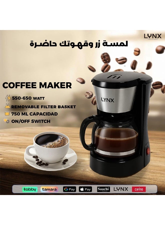 lynx 6-Cup Electric Coffee Maker with Sleek Modern Design, 750mL Capacity, Removable Filter Basket, 2-Year Warranty, Easy to Use & Clean – LYNX– Ly-8201 - Image 4