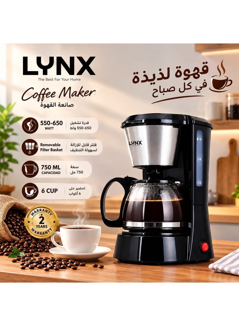 lynx 6-Cup Electric Coffee Maker with Sleek Modern Design, 750mL Capacity, Removable Filter Basket, 2-Year Warranty, Easy to Use & Clean – LYNX– Ly-8201 - Image 1