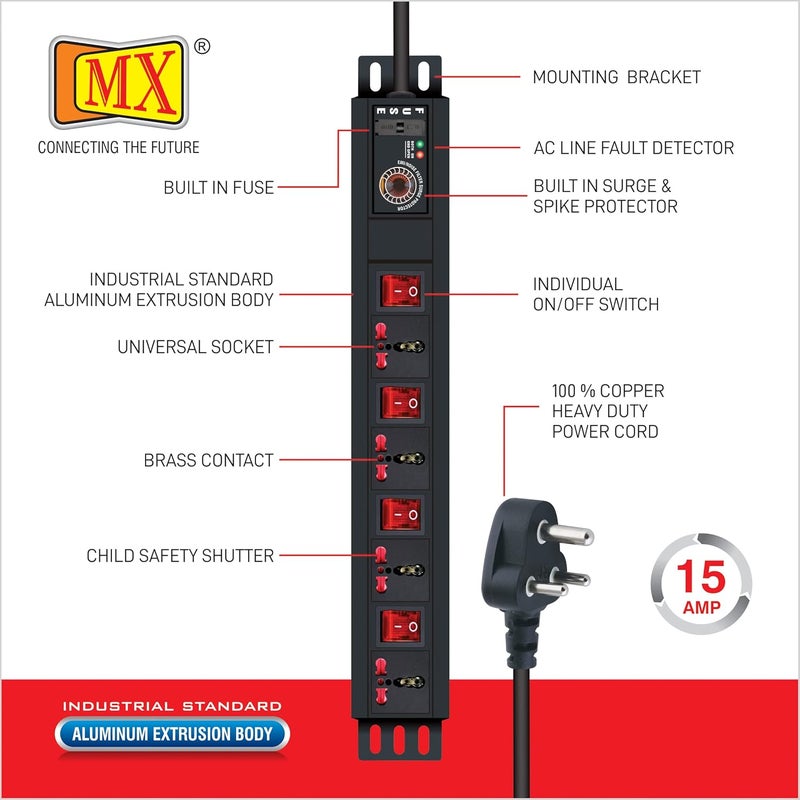 MX MX Extension Board 4 Outlet 3 Socket 5 Amp 1 Socket 15 Amp with 075 Sqmm ISI Marked Power Cord 15 Mtr with Surge Protector Child Safety Shutter Alumminium Extrusion Body  - Image 3
