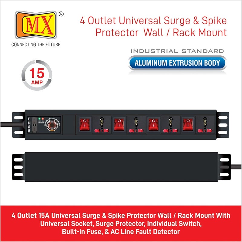 MX MX Extension Board 4 Outlet 3 Socket 5 Amp 1 Socket 15 Amp with 075 Sqmm ISI Marked Power Cord 15 Mtr with Surge Protector Child Safety Shutter Alumminium Extrusion Body  - Image 2