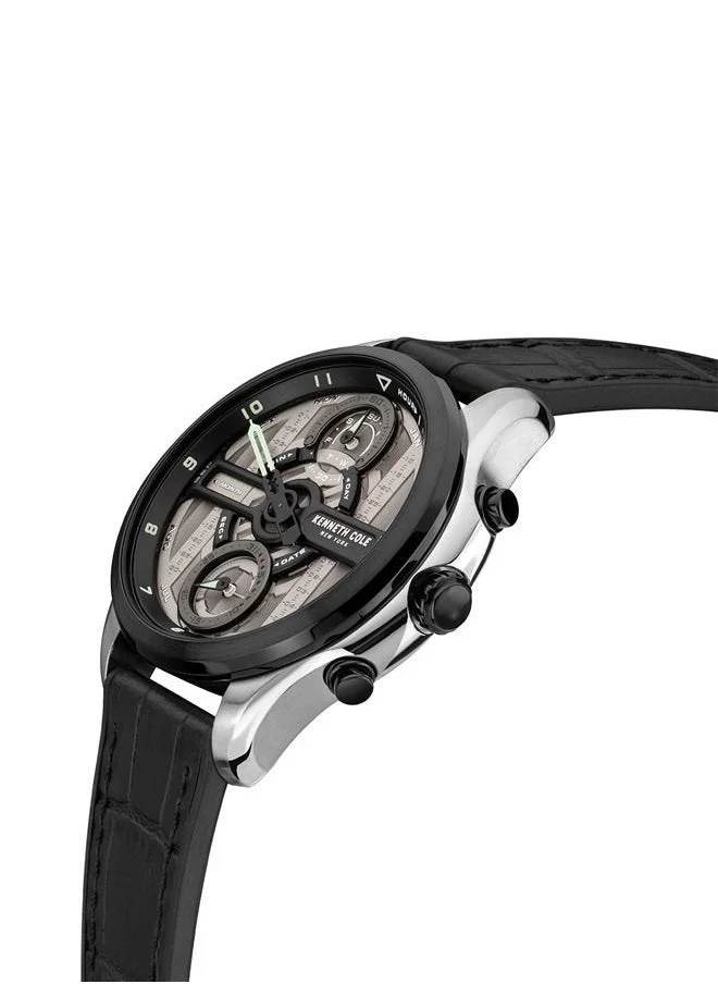 Kenneth Cole New York Modern Sport Grey Dial Black Leather Strap Chronograph Watch for Men 44mm