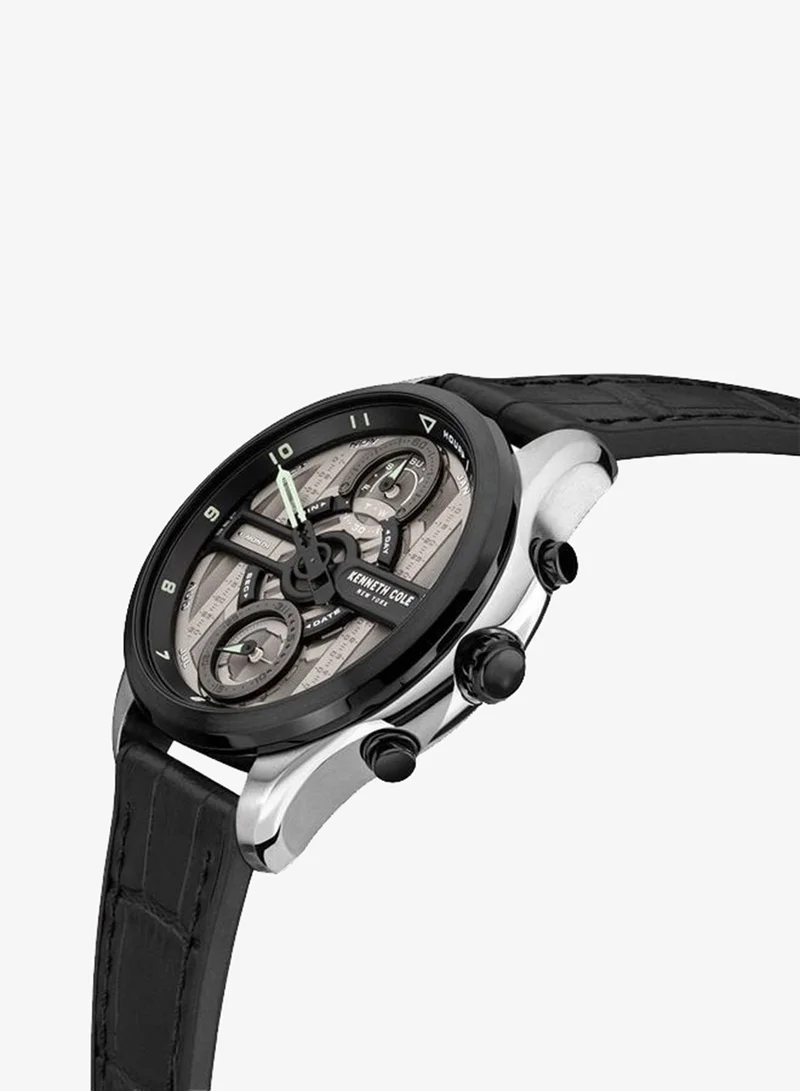 Kenneth Cole New York Modern Sport Grey Dial Black Leather Strap Chronograph Watch for Men 44mm