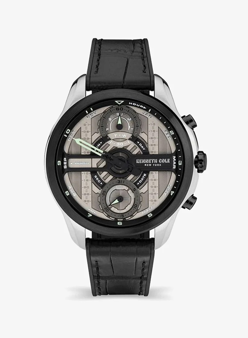Kenneth Cole New York Modern Sport Grey Dial Black Leather Strap Chronograph Watch for Men 44mm