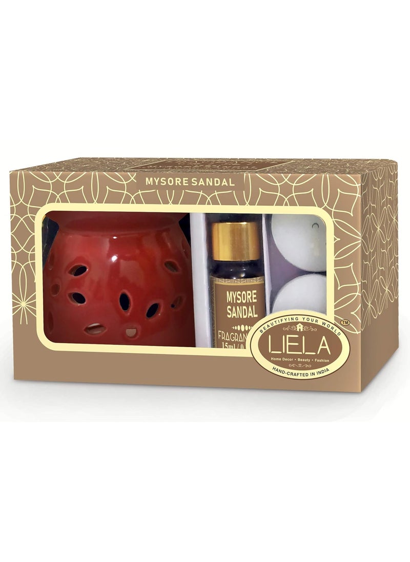 LIELA LIELA essential Oil Burneraroma diffuserVaporizer set with 3 TeaLight and Pure and Premium Sandal 15 ml Fragrance Oil in Brown Glass Bottle with Dropper burner color can be white red or green  - Image 1