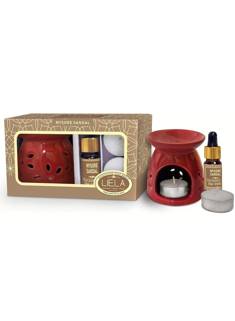 LIELA LIELA essential Oil Burneraroma diffuserVaporizer set with 3 TeaLight and Pure and Premium Sandal 15 ml Fragrance Oil in Brown Glass Bottle with Dropper burner color can be white red or green  - Image 4