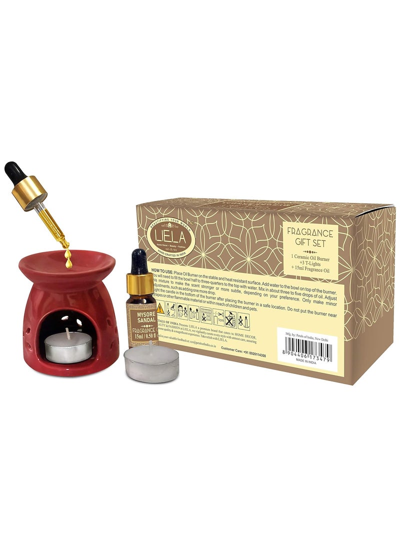 LIELA LIELA essential Oil Burneraroma diffuserVaporizer set with 3 TeaLight and Pure and Premium Sandal 15 ml Fragrance Oil in Brown Glass Bottle with Dropper burner color can be white red or green  - Image 2