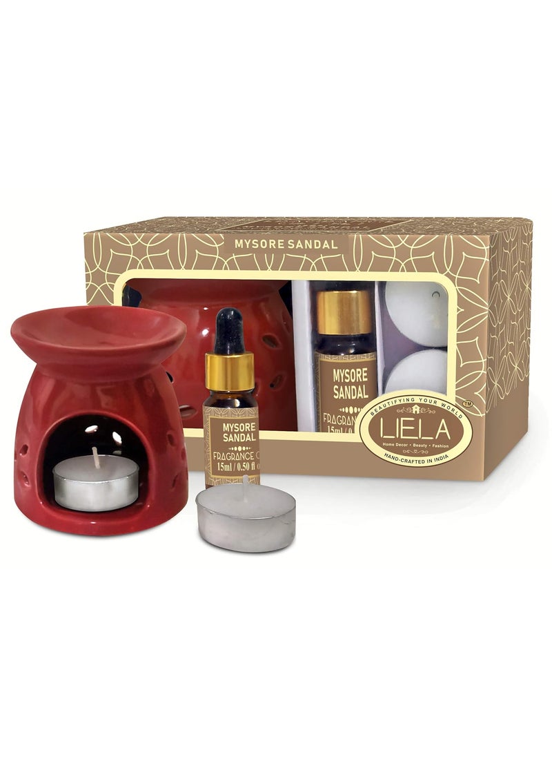 LIELA LIELA essential Oil Burneraroma diffuserVaporizer set with 3 TeaLight and Pure and Premium Sandal 15 ml Fragrance Oil in Brown Glass Bottle with Dropper burner color can be white red or green  - Image 3